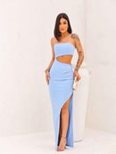 Vestido feminino colado longo tomara que caia fenda lateral - Ref:
